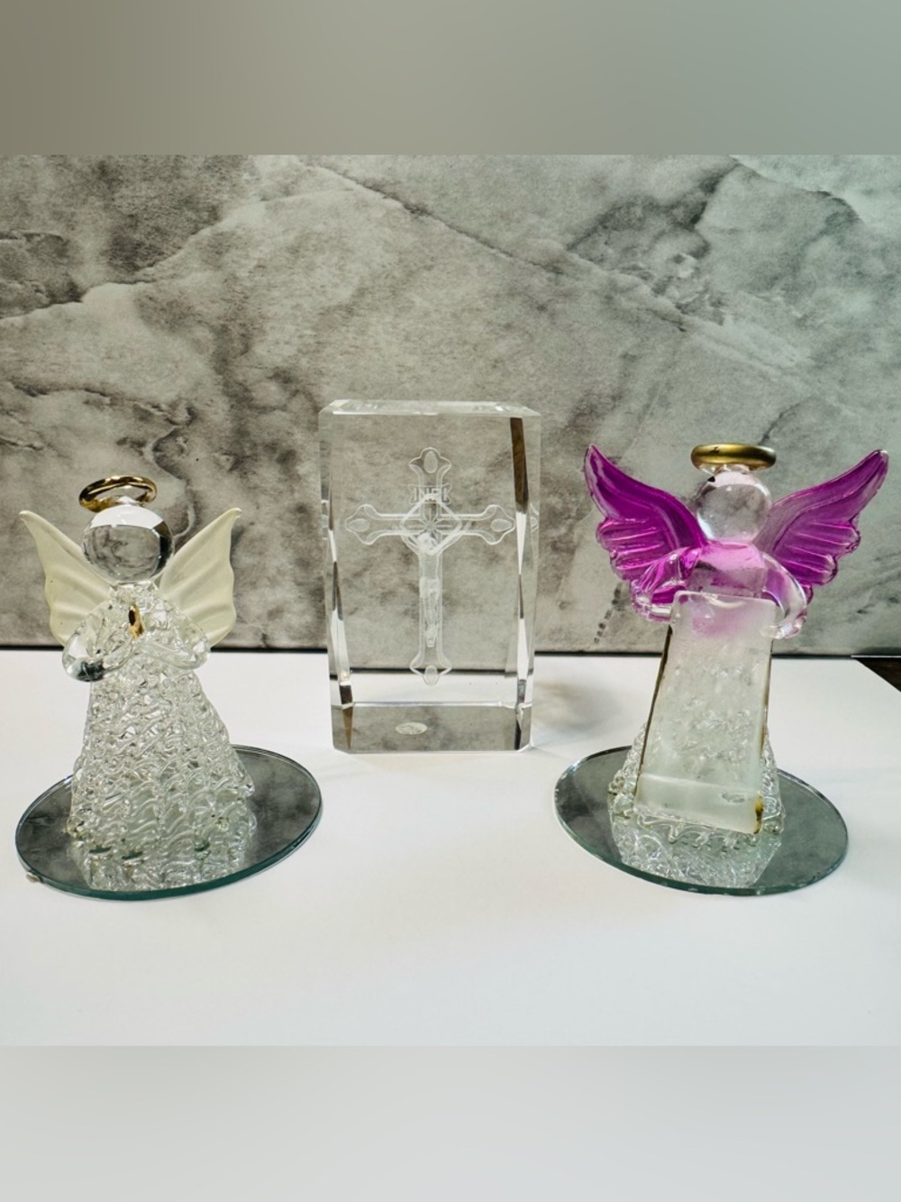 Glass Angel Figurines & Crystal Etched Cross Set Religious Decor